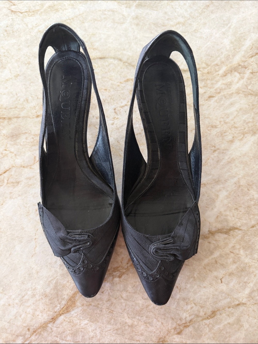 Alexander McQueen Black Pointed Slingback Pumps with Knot Detail
